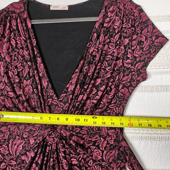 Krisp Maroon Black Floral V Neck Knot Dress Size 14 US 18 UK - Picture 3 of 9